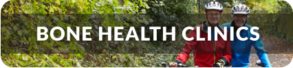 A senior couple stands next to bicycles on a path in the woods. Title reads: Bone Health Clinic